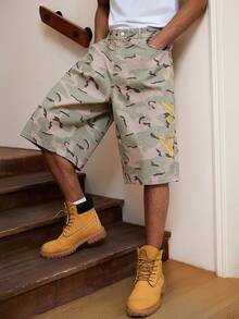 GALLERY FADE 休闲街头迷彩直筒宽松英文标语印花牛仔短裤，春夏款 - 彩色 - 查看 1