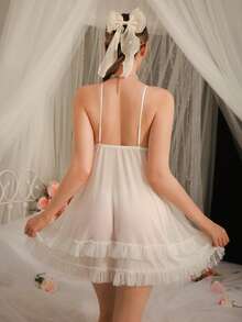 Women's Sexy Sheer Polka Dot Mesh Multi-Layer Ruffle Trim Spaghetti Strap Mini Nightgown - Pink - View 4