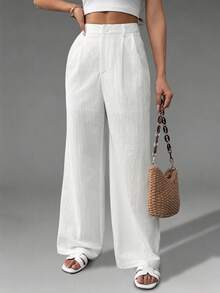 Femmeiva Pantalones casuales elegantes de diseño plisado para mujer - Blanco - Ver 5