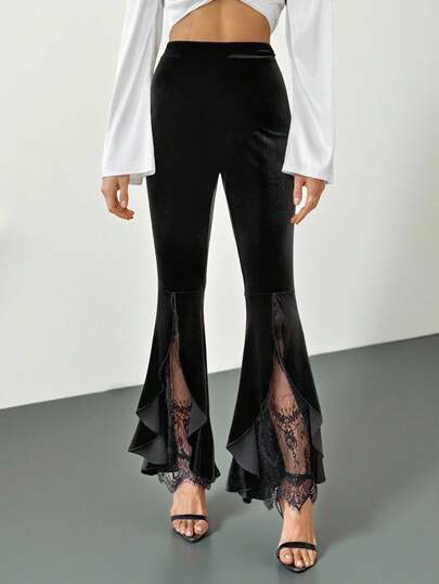 SHEIN Tall Contrast Lace Asymmetrical Hem Velvet Flare Leg Pants Bell Bottom Pants Ruffle Pants