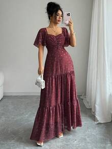 Modelyn Đầm chiffon jacquard cổ vuông, viền bèo nhún dành cho nữ, phong cách Pháp lãng mạn, thanh lịch. - Đỏ - Xem 4