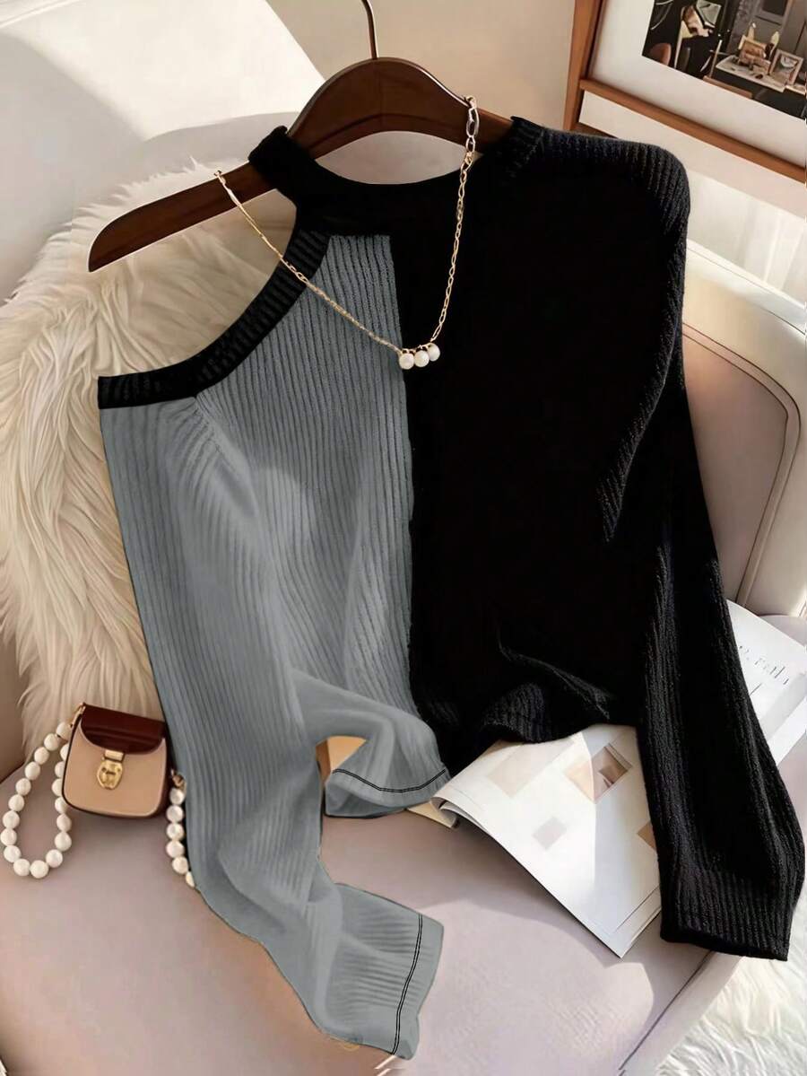 Franclia Áo thun dài tay nữ phối màu, vai lệch, chất liệu dệt kim gân, thích hợp cho mùa xuân/thu. - Xám - Xem 1