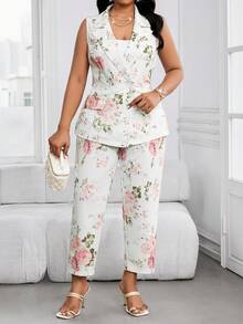 SHEIN Lady Plus Size Women's Elegant Floral Print Lapel Collar Double-Breasted Vest And Pants 2-Piece Suit Set, Suitable For Work Commute, Spring/Summer/Autumn Women 2 Pieces Sets Floral 2 Pieces Set Top And Pants Set For Women Pant Suit Summer Sets Women Suit Sets Ladies Floral Two Pieces Suits Woman Flower Print 2 Pieces Set Women's Business Casual Floral Pantsuits Elegant Two Pieces Sets For Women Sleeveless Blazer And Pants Set - Multicolor - View 8