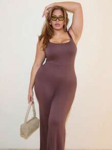 MelDlgn Plus Size Spring/Summer Women's Solid Color Elegant Loose Casual Off The Shoulder Sleeveless Sports Academy Simple Casual Square Neck Wide Leg Jumpsuit - Coffee Brown - View 5