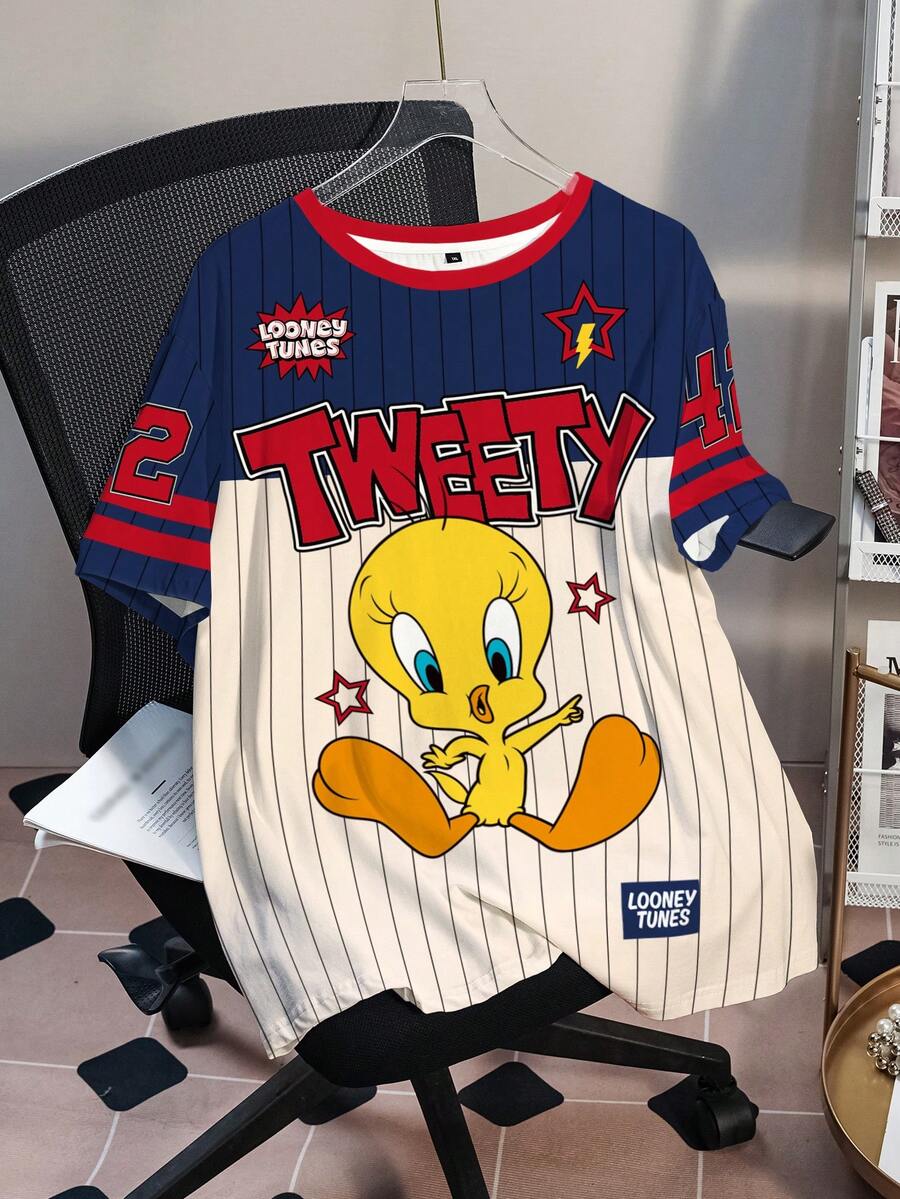 LOONEY TUNES X SHEIN 加大码夏季休闲撞色条纹卡通字母印花T恤 - 白色 - 查看 1