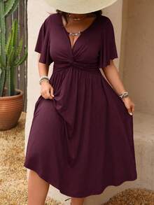 DreamSkyne Plus Size Women's Spring/Summer Chain Link Ruffle Twist Waist Textured Knit V-Neck A-Line Midi Dress - Burgundy - View 4