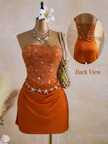 SHEIN Glamour Đầm ngắn cúp ngực màu cam dành cho nữ, chất liệu vải thêu đính cườm kết hợp với vải dệt kim, có bèo nhún ở gấu, kiểu dáng gợi cảm, thích hợp cho kỳ nghỉ, tiệc tùng, hẹn hò, ngày Valentine, đa năng. - Màu xanh nhạt - Xem 4