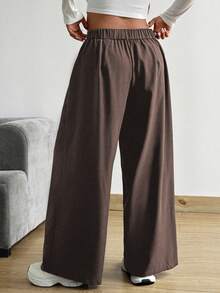 Vionelle Plus Size Women's Solid Color Button Casual Versatile Wide Leg Pants For Daily Wear - Coffee Brown - View 2