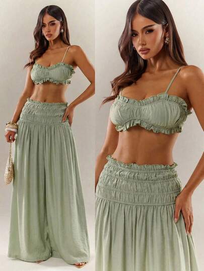 Radiana Women's Summer Sexy Elegant Casual Sage Green Linen-Like 2-Piece Set, Bra Top + Wide Leg Pants, Ruffled Pleated Soft Flowy Vacation Outfit, Casual Suit, Suitable For Casual Outings, Island Vacations, Beach, Holidays, Festivals, Concerts