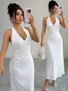 Elenzga Women's Elegant V-Neck Halter Textured Knit Splice Lace Trim Bodycon Fishtail Dress For Vacation Resort Wear Women Vacation Dress Regular Size Women Dress Formal White Dresses For Ladies Special Occasion White Outfits For Women Elegant Party New Arrival Women Dress - White - View 5