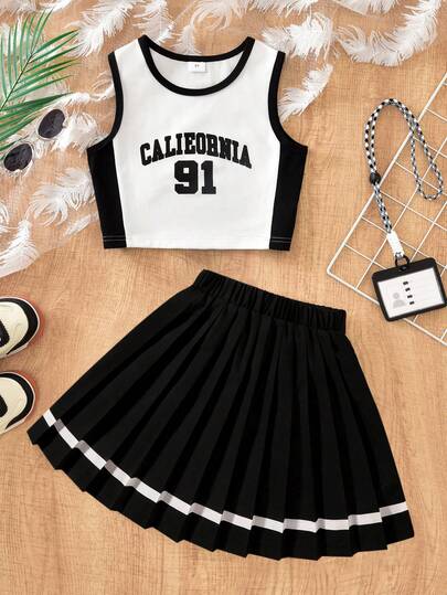 Sparklyn Tween Girls' Casual Colorblock Letter Print Tank Top And Pleated Skirt 2 Pieces Set, Summer Adolescent Girl Clothes Set Falda Back To School 2 Piece Set