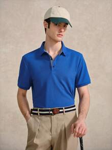 Courvante Men's Solid Color Daily Polo Shirt, Stripe Short Sleeve Blue, For Golf Tennis, Business Commute & Boyfriend - Blue - View 7
