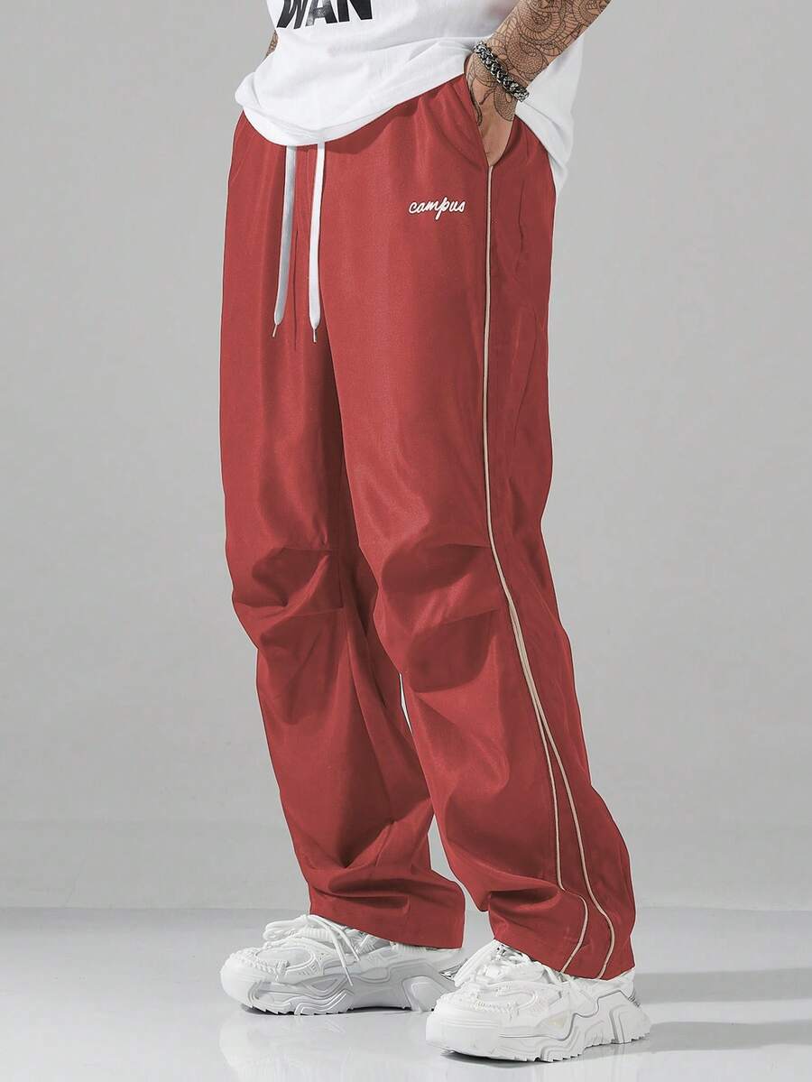 Manfinity Hypemode Men's Long Dark Red Sporty Wide Leg Woven Fabric Pants With Lettering Detail And Pockets - Dark Red - View 1