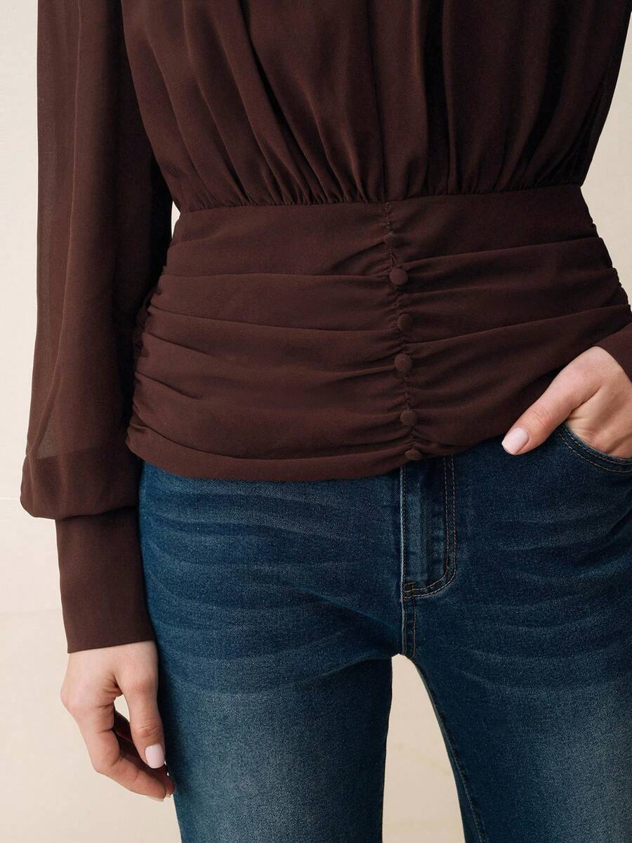 Anewsta Áo kiểu nữ mới, cổ chữ V sâu, chất liệu chiffon mỏng nhẹ, xếp ly, tay dài, ôm eo, thanh lịch. - màu nâu - Xem 1