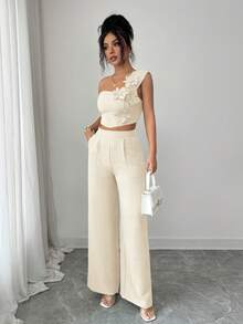 Elenzga Elegant 3D Floral Decor Casual Vacation Sleeveless Top And Pants Women 2 Pieces Set - Apricot - View 7