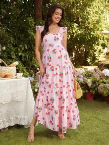 SHEIN Maternity Strawberry Print Ruffle Hem Cap Sleeve Dress - Pink - View 3