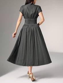 Heiryn 女士纯色短袖单排扣收腰优雅中长连衣裙 女士连衣裙 女士夏季连衣裙 女士优雅套装 女士正式连衣裙 女士休闲连衣裙 女士夏季连衣裙 - 深灰色 - 查看 6