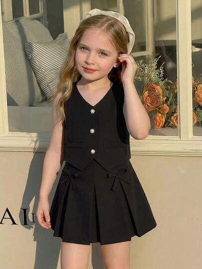 Souflis Souflis Conjunto de 2 piezas para niñas: Chaleco sin mangas con botones de perla + Falda plisada con moño, color rosa dulce, estilo elegante de dama, atuendo casual de verano