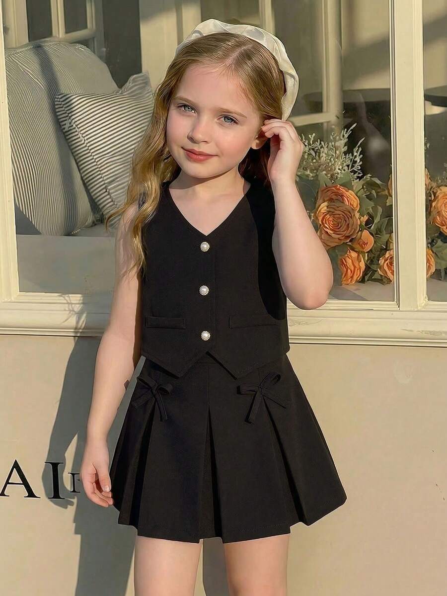 Souflis Souflis Young Girls 2-Piece Set: Sleeveless Pearl Button Vest + Bowknot Pleated Skirt, Sweet Pink, Elegant Lady Style, Casual Summer Outfit - Black - View 1