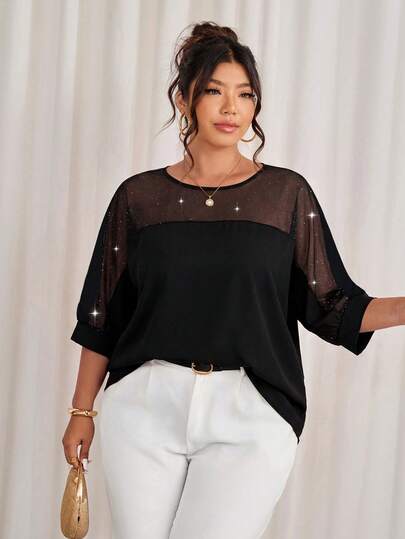 Cravure Áo thun cỡ lớn cổ tròn tay lửng 3/4 phối vải ánh kim, cổ tay áo bằng vải dệt màu tương phản, tay raglan, thích hợp mặc đi chơi, đi nghỉ mát, đi làm, dự tiệc.