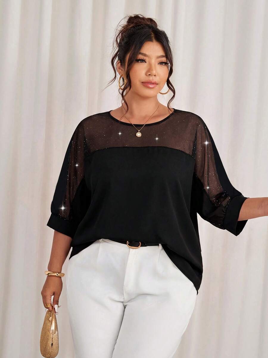 Cravure Camisa de manga 3/4 con cuello redondo y tela de lentejuelas, con puños de tela tejida de color contrastante, manga raglán, para uso casual, vacaciones, viajes y fiestas, talla grande - Negro - Ver 1