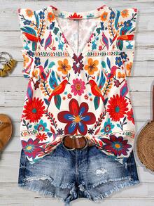 Linhara Plus Size Women's Printed Casual Romantic Vacation Shirt, Versatile For Spring/Summer - Multicolor - View 1