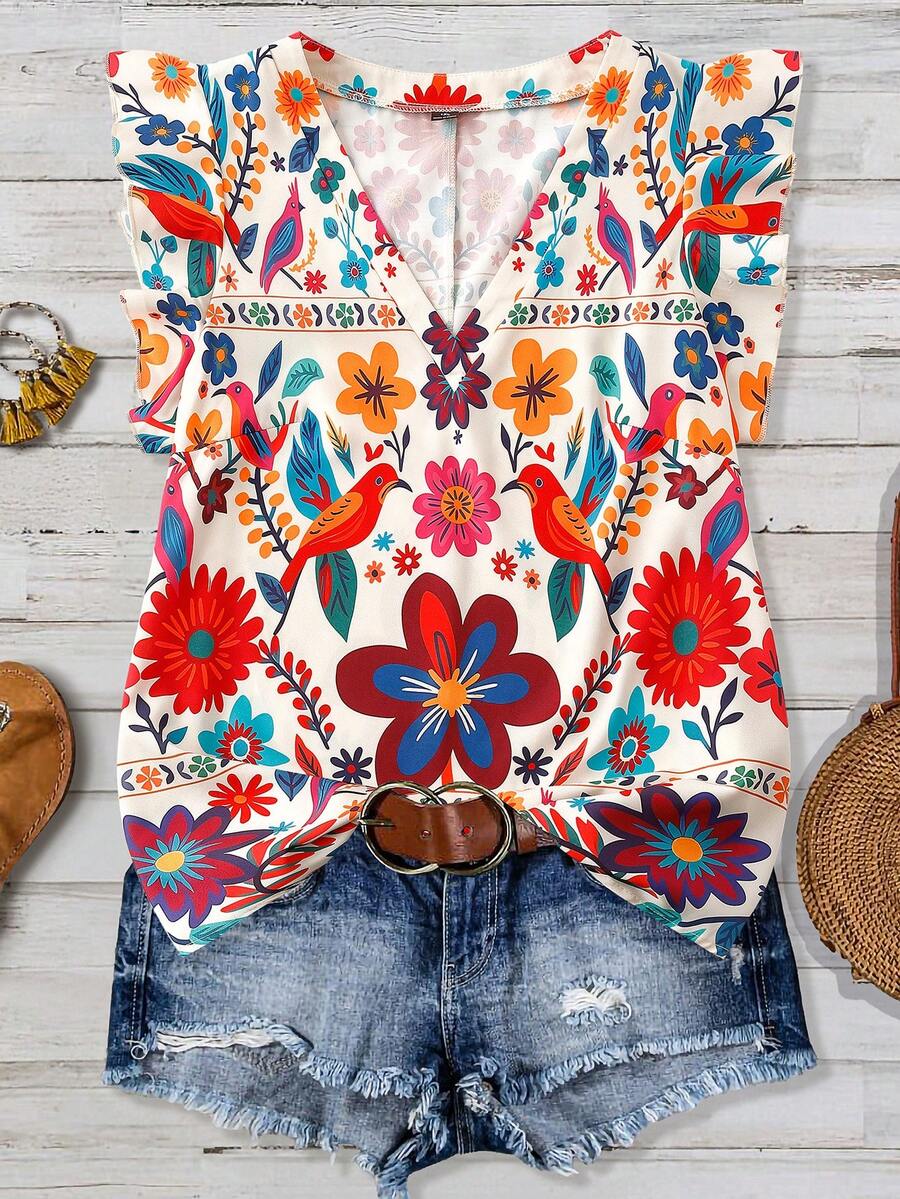 Linhara Plus Size Women's Printed Casual Romantic Vacation Shirt, Versatile For Spring/Summer - Multicolor - View 1