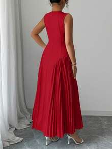 Rafferiza Vestido plisado de línea A sin mangas con cuello mao, diseño minimalista para mujer, primavera/verano - Rojo - Ver 2