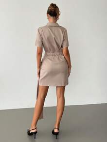 Siren Gaze Women's Ruched Waist Wrap Shirt Dress,Short Sleeve Button Down Mini Dress,Taupe Summer Office Casual Elegant Classy,Vintage Work Wear Evening Gown - Apricot - View 3