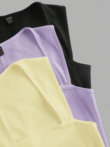 SHEIN EZwear 3件組女款無袖收腹羅紋連身衣，黑色、丁香紫、奶油黃，夏季運動休閒健身瑜伽短款連身衣 - 淡紫色 - 查看 5