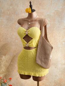 Mistrie Yellow,Summer,70s,Party Ms. Strapless Sleeveless Textured Fabric Metal Flower Decoration Mini Short Tight Dress,Slim Fit Vacation Beach Dress - Yellow - View 6