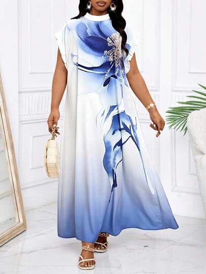 SHEIN Lady 大码女式印花立领蝙蝠袖宽松优雅连衣裙