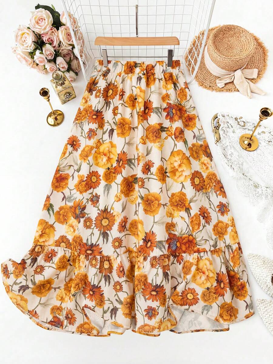 SHEIN LUNE 女款彈性腰休閒碎花印花裙，適合度假波西米亞風夏季沙灘裙 - 彩色 - 查看 1