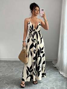 Rafferiza Đầm maxi nữ mùa hè hai dây, màu mơ phối họa tiết lá đen, cổ chữ V sâu, thiết kế thắt eo, chân váy xòe, phong cách nghỉ dưỡng, tôn dáng, đa năng cho công sở và thường ngày, phong cách đường phố gợi cảm. - Nhiều màu - Xem 7
