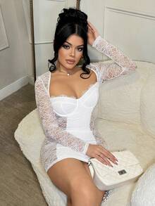 Dayanna Comas 女式甜心领撞色蕾丝长袖露背性感紧身迷你连衣裙 - 白色 - 查看 6