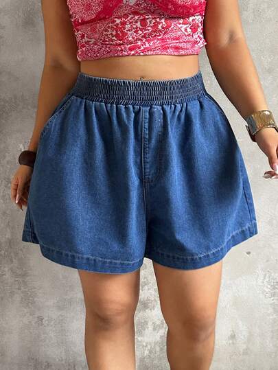 Sunnyshic Plus Size Women Elastic Waist Pocket Casual Denim Shorts