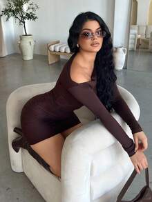 Dayanna Comas 长袖不对称褶饰修身休闲连衣裙，春秋装，棕色 - 咖啡棕 - 查看 5