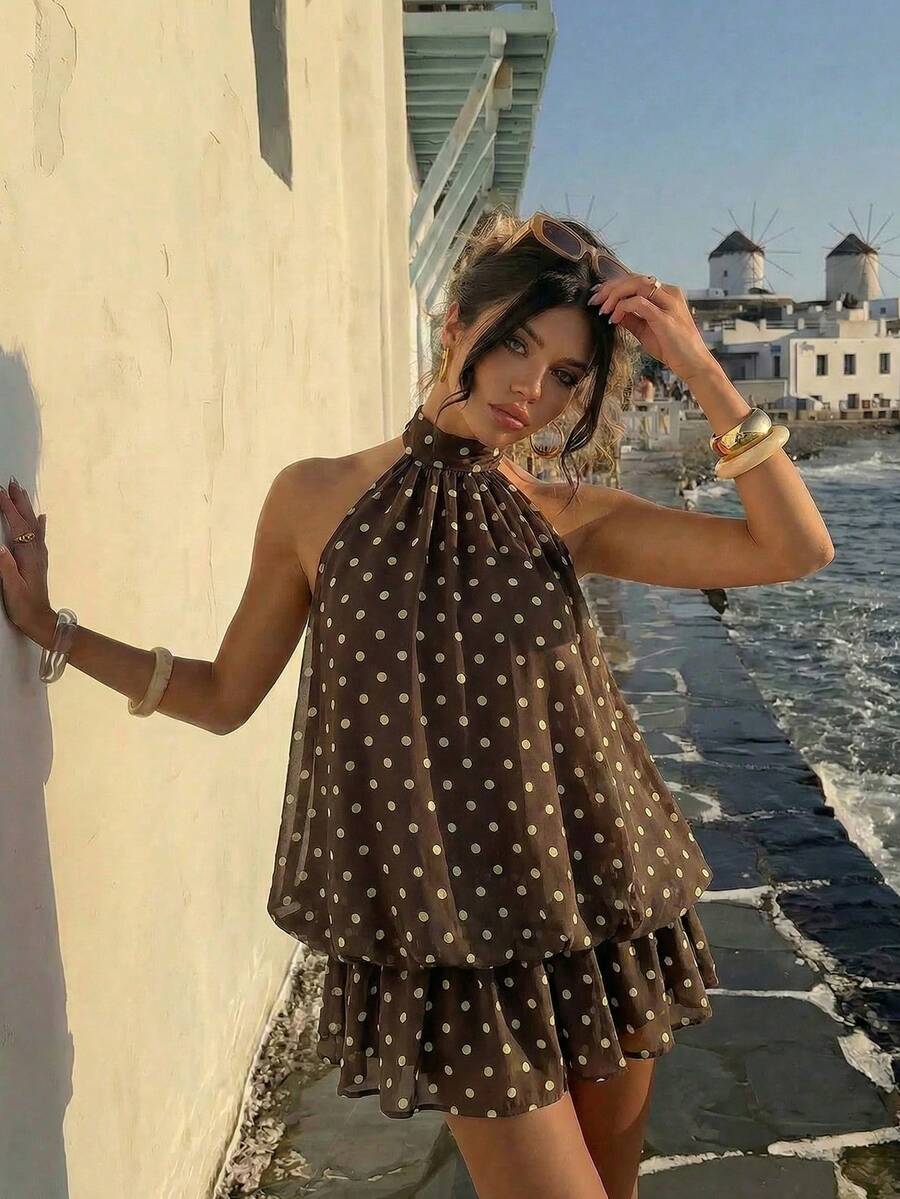 Aloruh 女士优雅浅黄色露背系带迷你连衣裙