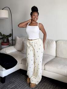 Tyla Gomez 优雅低腰性感女士舒适长裤，蝴蝶结条纹印花，百搭 - 黃色 - 查看 1