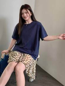 Dazy Plus 撞色条纹圆领宽松短袖粉色T恤，春夏宽松款 - 藏蓝色 - 查看 5