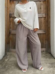 Dazy Plus 2 piezas Conjunto de ropa de casa informal, blusa suelta con bordado de caballo y pantalones largos, pijama para mujer talla grande - Blanco - Ver 3