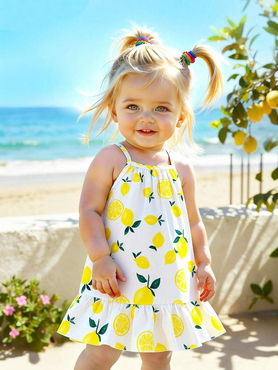 SHEIN Playful Pals Baby Girls' Lemon Print Sleeveless Dress, White Base With Vibrant Colorful Pattern, Suitable For Summer Wear - Yellow - View 1