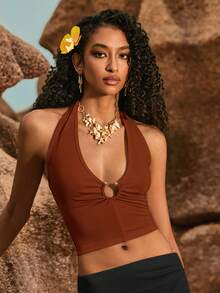 Poéselle Top sin espalda con cuello de halter sexy para mujer - Marrón - Ver 2