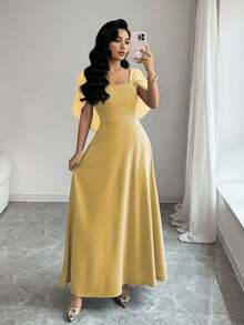 Modelyn Women's Square Neck Waist Gathered A-Line Long Dress, Elegant Romantic Everyday Wear - Yellow - View 6