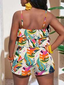 Slaydiva Spring/Summer New Arrivals/Double-Layer Ruffle Cami Tank Top Set For Women/Music Festival/Easter/St. Patrick's Day/Western Style/ Nomadic Style/ Birthday Party/ Graduation/Casual Daily Outfit/Vacation/Cruise Travel/Beach/Sunbathing/Valentine's Day/Fashion Influencer Style/Tropical Graphic Print - Multicolor - View 3