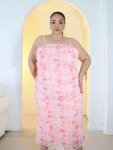 Kích thước lớn Ruffled Váy bodycon Với In hoa Và Dây đai mỏng - Hồng - Xem 4