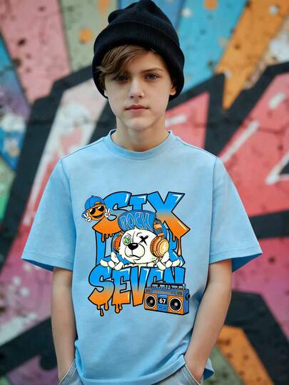 Young Boy Gradient Color Bear & Number 67 Pattern Design, Fashionable Round Neck Short Sleeve T-Shirt, Suitable For Festivals, Parties, Comfortable And Lightweight For Spring/Summer, Casual Street Style, Outdoor, School, Gifts