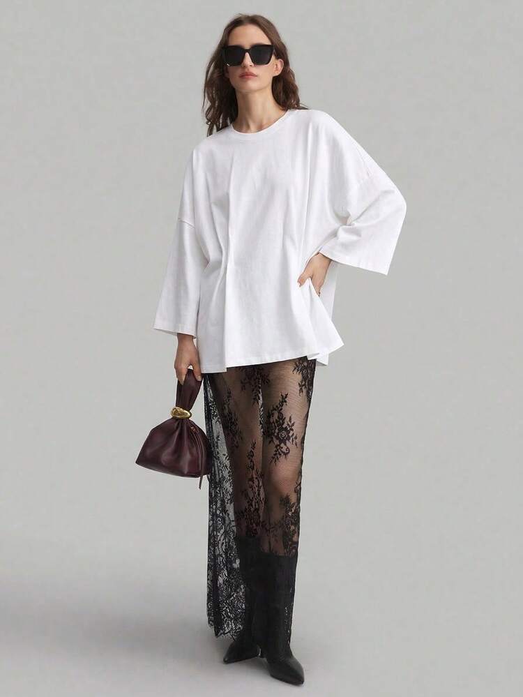 2026 Spring/Summer New Women's Black Lace Skirt, Fashionable Sexy Sheer Lace Long Skirt, Women's Clothing, Holiday, Wedding Guest Outfit, Minimalist Elegant Vintage Style Semi-Sheer Versatile Skirt