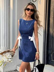 Serisse Đầm denim nữ không tay dáng suông, thắt eo, thích hợp cho mùa hè, xuân hè, lễ hội, đi làm, nghỉ mát, tốt nghiệp, phong cách Y2K, dễ thương, thời trang đường phố, dự tiệc, đám cưới, thanh lịch, công sở, thường ngày. Đầm denim mini dáng chữ A không tay với chi tiết buộc dây bên hông sành điệu, hoàn hảo cho trang phục thường ngày mùa hè. - Rửa tối - Xem 7