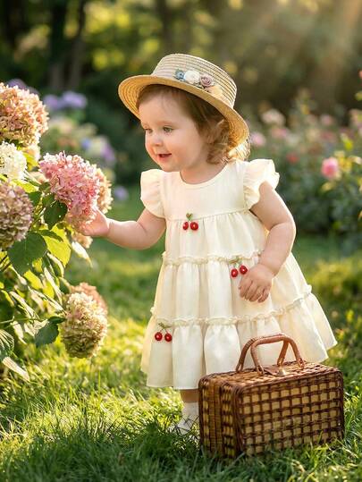 1pc Baby Girls' Comfortable, Fashionable, Elegant Solid Color Crew Neck Dress With Cute Cherry Decor And Ruffle Hem, Basic Style, Soft Flare Sleeves, Versatile For Spring/Summer Occasions Like School, Travel, Vacation